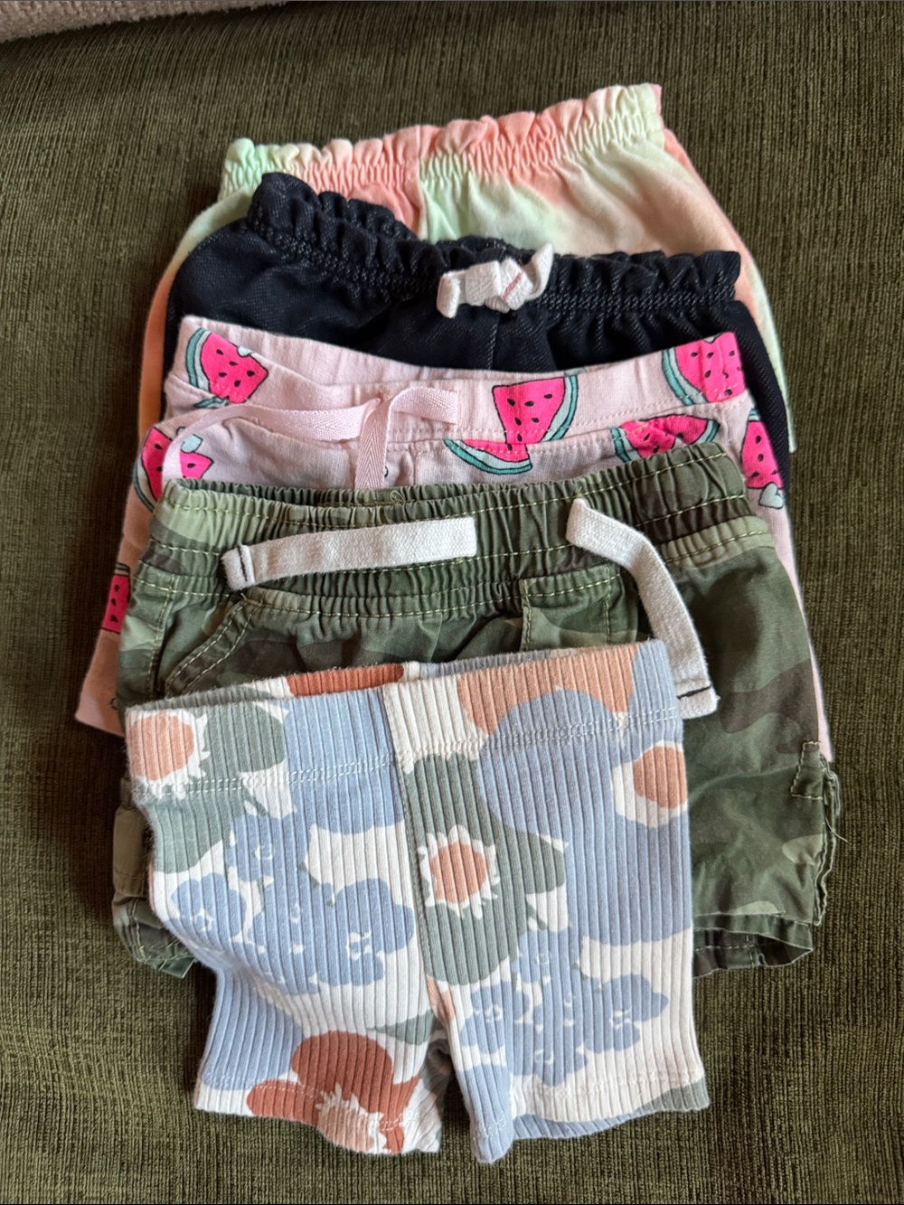 Baby Shorts Bundle - Pink Watermelon, Camo Green, Black, Pastel Tie-Dye 3M - Picture 6 of 6
